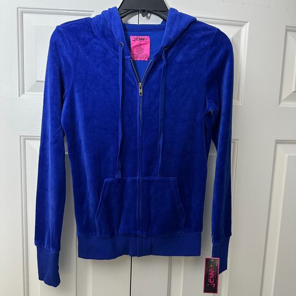 Jenni By Jennifer Moore Royal Blue Solid Velour Hooded Full Zip Sweater Jacket S - Picture 10 of 14